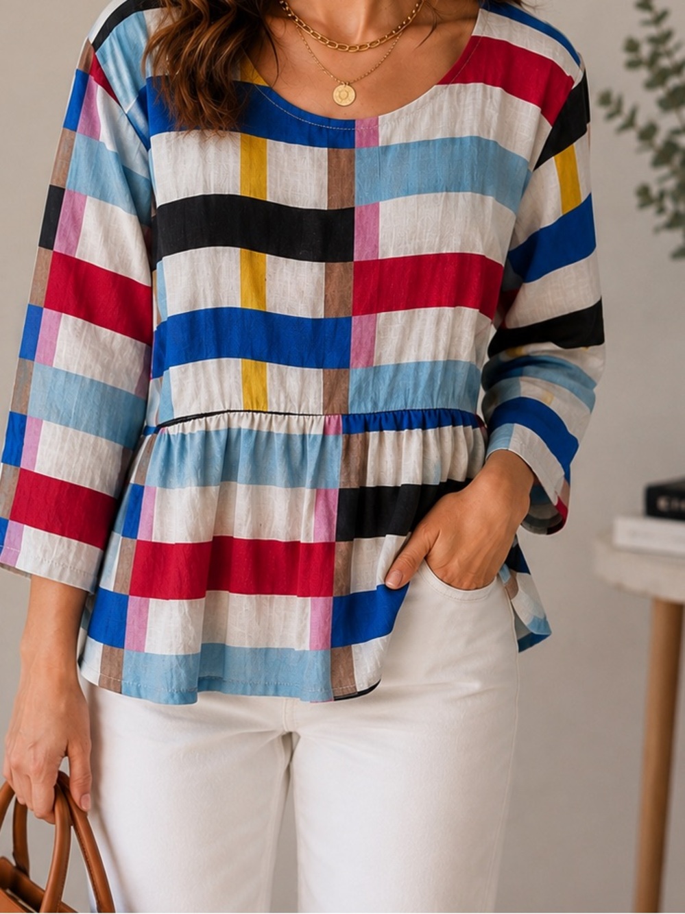 Aimee Kestenberg 2X Multicolor Abstract Print Peplum Blouse Statement Top